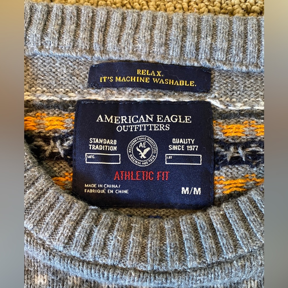 American Eagle Patterned Gray Striped Sweater - M - image 4